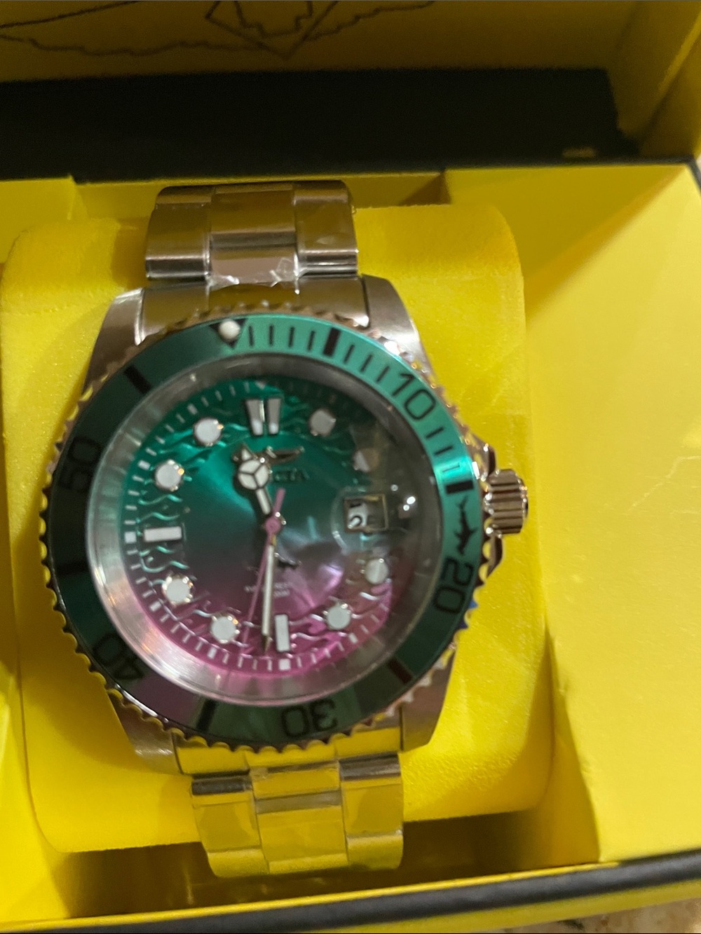 Invicta Pro Diver Stainless Steel Watch with Green and Pink Iridescent Dial - Picture 2 of 3